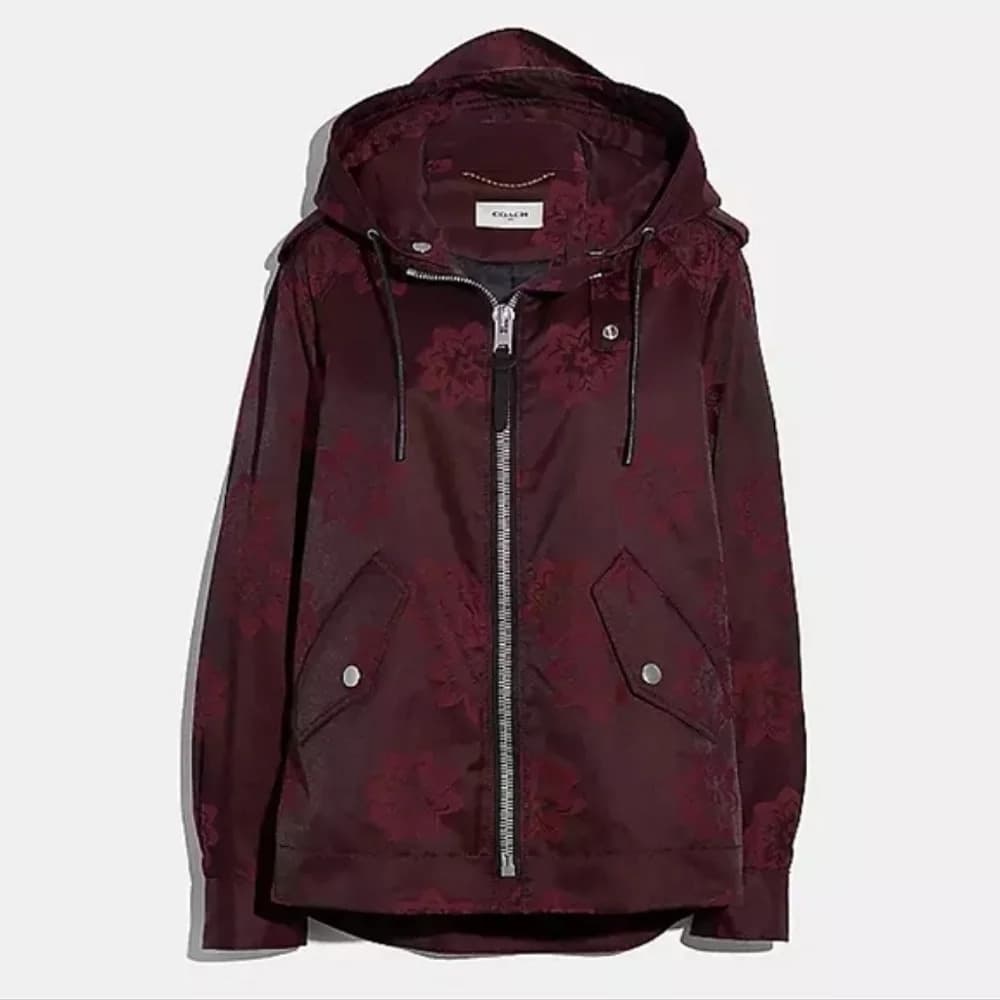New Coach jacquard floral print leather trim parka‎ Rain jacket size small - Thumbnail 14