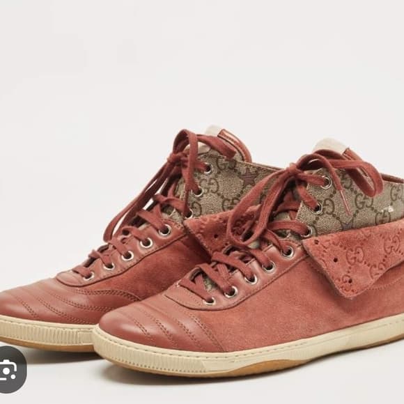 Gucci Logo Leather Suede Lace-Up High-Top Sneakers Mauve Brown Size 6 - Thumbnail 14