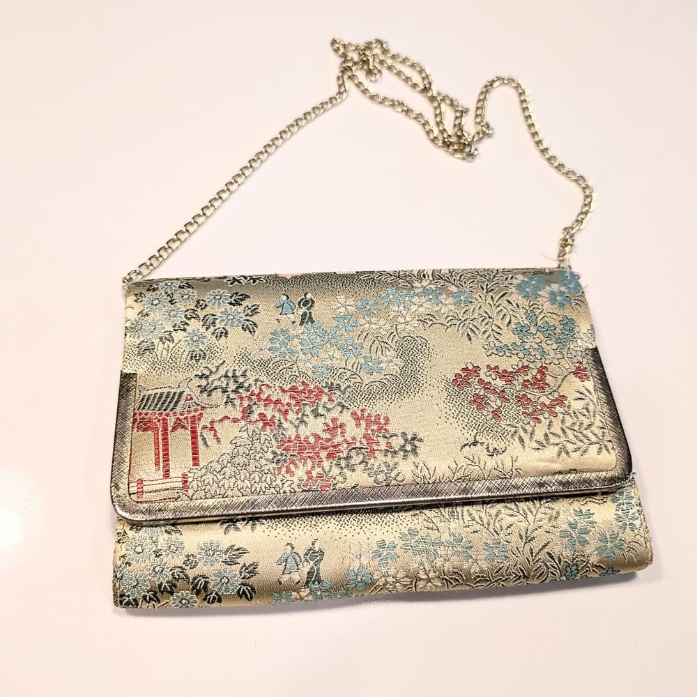 Vintage Gold Oriental Floral Metallic Clutch Gold Chain Bag - Thumbnail 9