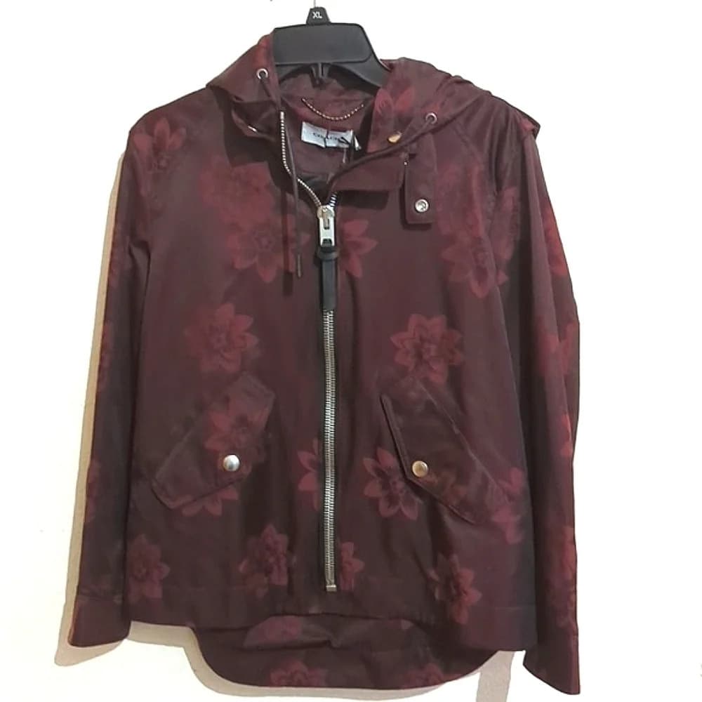 New Coach jacquard floral print leather trim parka‎ Rain jacket size small - Thumbnail 12