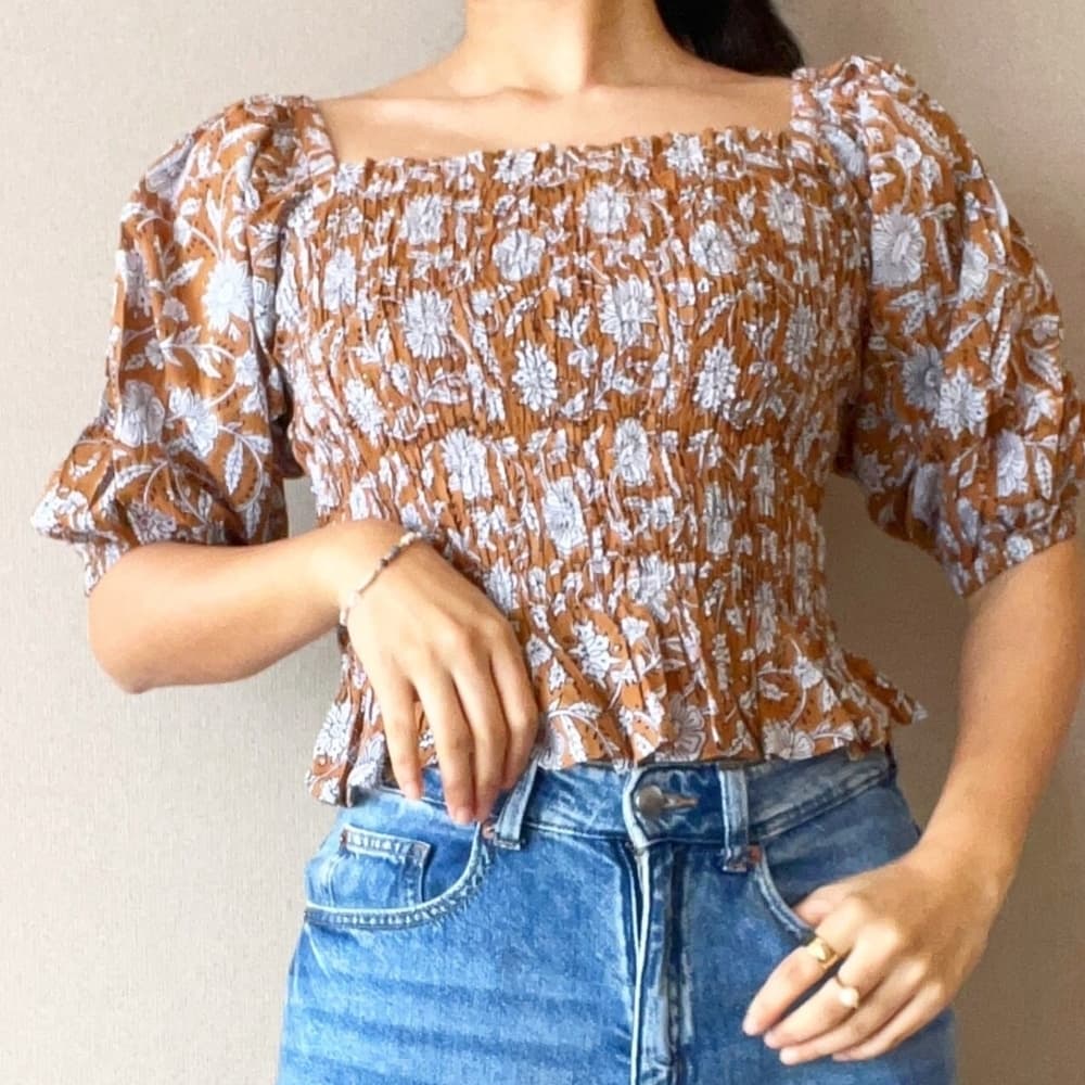 Daughters of India Tan Floral Smocked Puff-Sleeve Top - Thumbnail 10