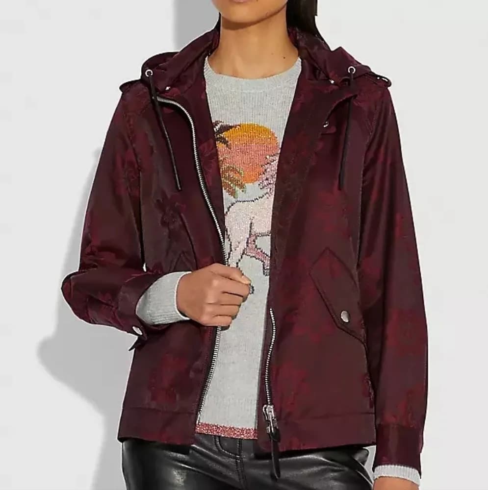 New Coach jacquard floral print leather trim parka‎ Rain jacket size small - Thumbnail 13