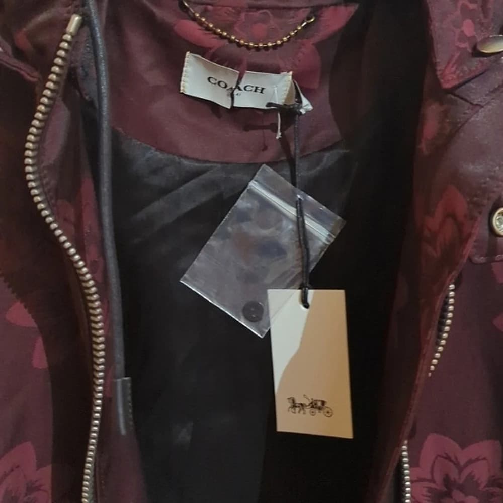 New Coach jacquard floral print leather trim parka‎ Rain jacket size small - Thumbnail 3
