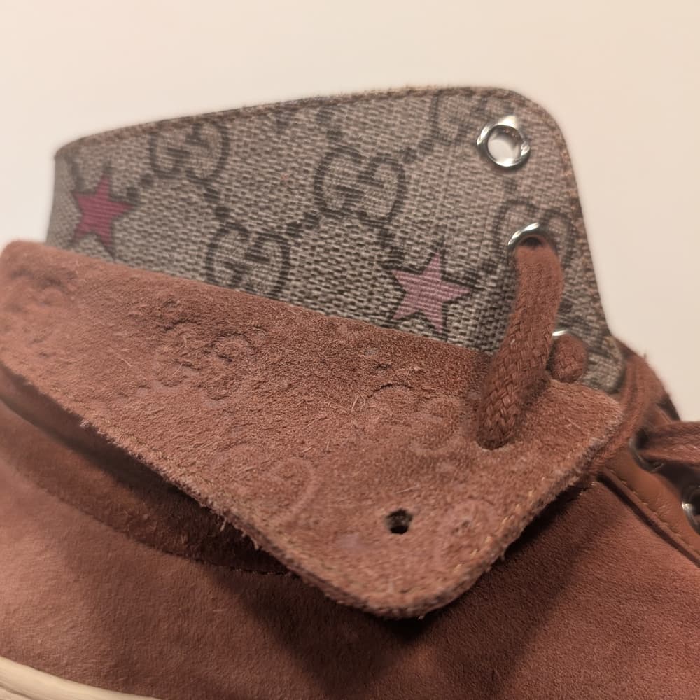 Gucci Logo Leather Suede Lace-Up High-Top Sneakers Mauve Brown Size 6 - Thumbnail 4
