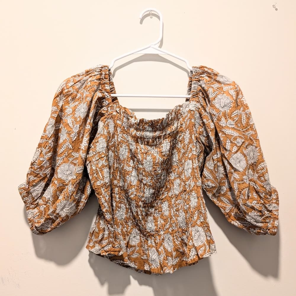 Daughters of India Tan Floral Smocked Puff-Sleeve Top - Thumbnail 4
