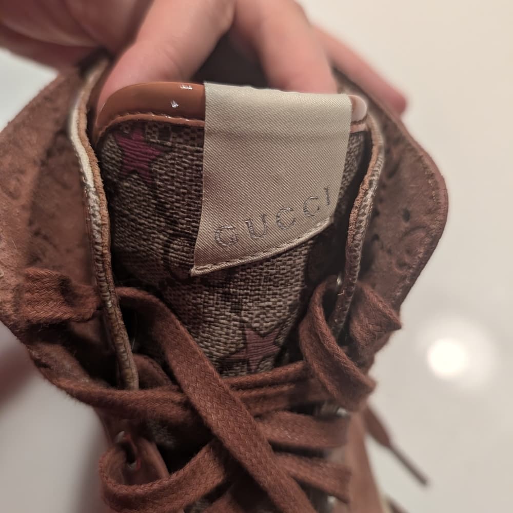 Gucci Logo Leather Suede Lace-Up High-Top Sneakers Mauve Brown Size 6 - Thumbnail 3