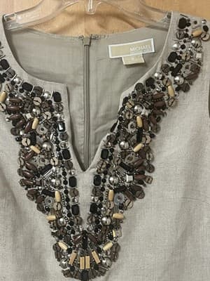 Michael Michael Kors Sz. 6 Beige Linen Beaded Knee Length Dress Sleeveless Lined - Thumbnail 2