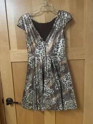 Betsey Johnson Brown Bronze Metallic Sequined Fit Flare Leopard Cheetah Dress 6 - Thumbnail 2
