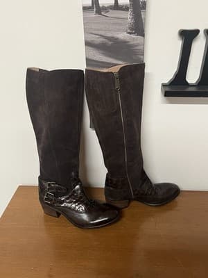 Donald J Pliner Dulce Riding Boots Size 6 Croc Embossed Dark Brown Chestnut Boho - Thumbnail 2