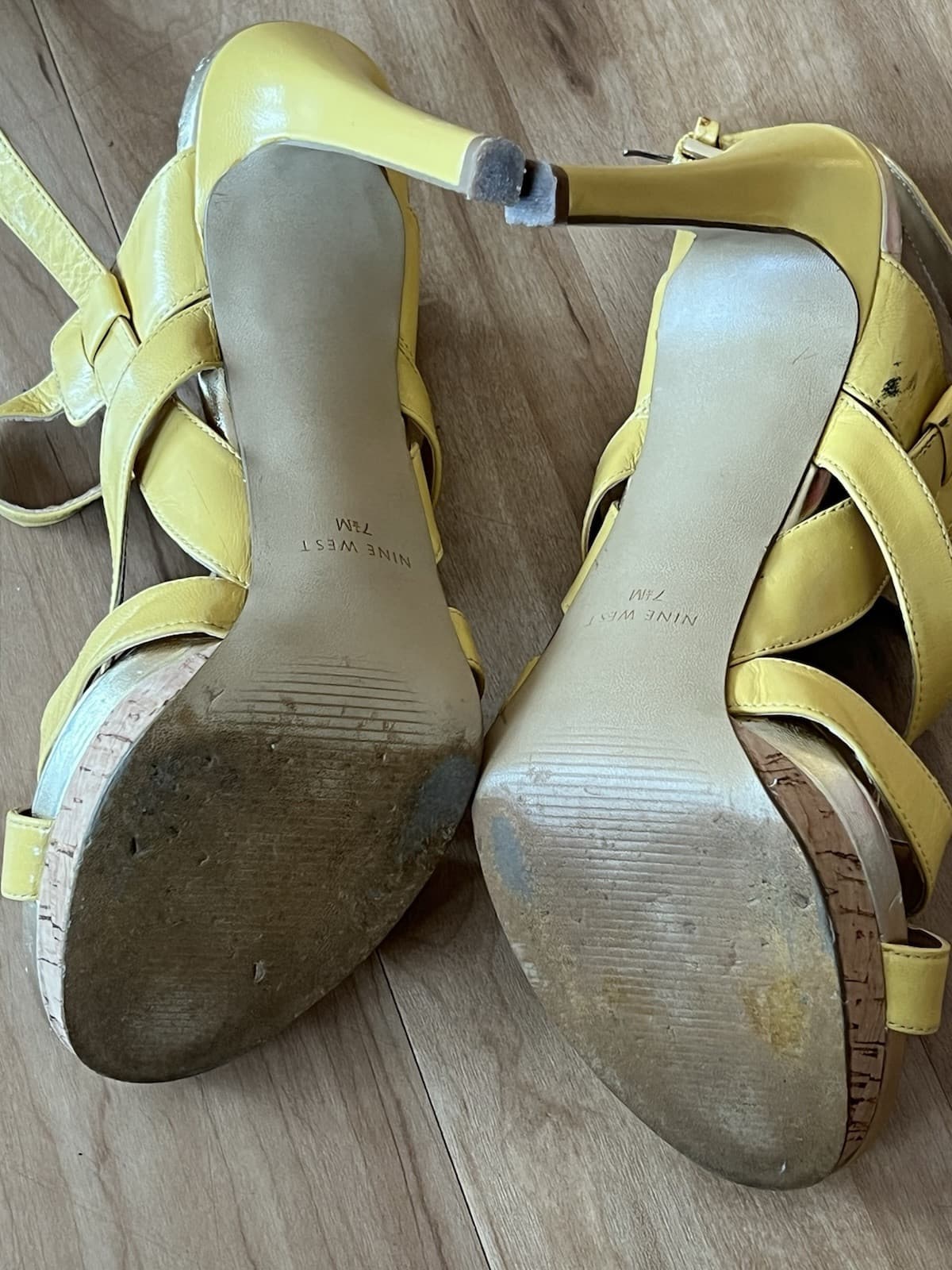 Nine West Breezin 7.5 Yellow Leather Platform Pump Strappy Stiletto Sandals - Thumbnail 4