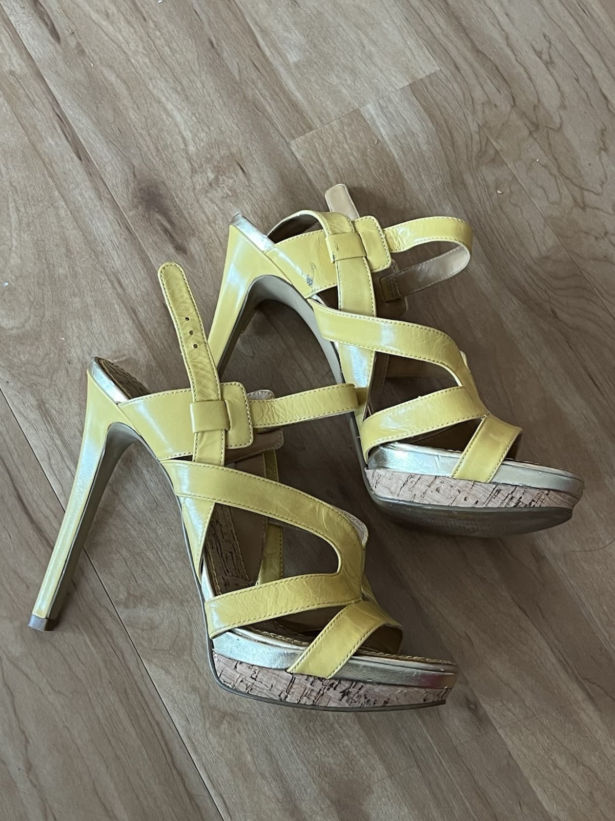 Nine West Breezin 7.5 Yellow Leather Platform Pump Strappy Stiletto Sandals - Thumbnail 2