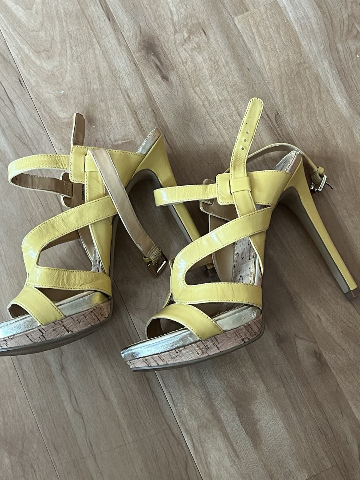 Nine West Breezin 7.5 Yellow Leather Platform Pump Strappy Stiletto Sandals - Thumbnail 3