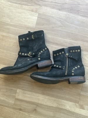 Women's 8M UGG Black Fabrizia Suede 1003235 Leather Moto Boots Harness Studded