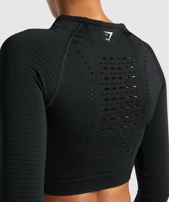 Gymshark Womens Crop Top. Mesh Laser Cut Out Long Sleeve Color Black Sz Small - Thumbnail 3
