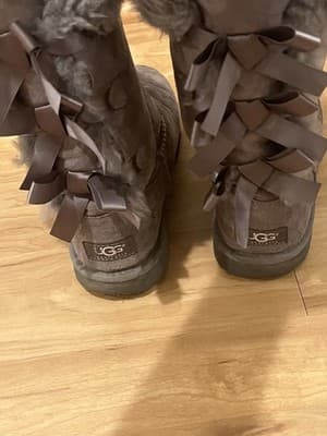 UGG Bailey Bow Tall II Boots Grey Sheepskin Suede Triple Satin Bows Grey Size 4 - Thumbnail 4