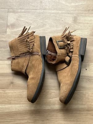 Minnetonka Rancho Brown Suede Fringe Ankle Boots Womens Size 6 Western Boho Zip - Thumbnail 2