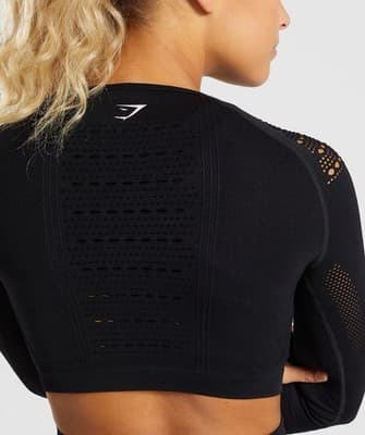 Gymshark Womens Crop Top. Mesh Laser Cut Out Long Sleeve Color Black Sz Small - Thumbnail 2