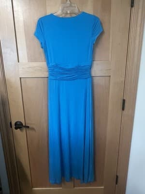 NUE by Shani Dress Womens Size 4 Peacock Blue V-Neck Ruched Empire Cap Sleeves - Thumbnail 3