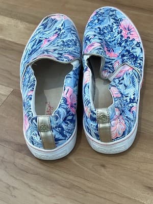 Lilly Pulitzer Womens 10 Floral Tropical Slip On Sneakers Blue Pink Gold 001293 - Thumbnail 6