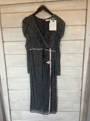 Mac Duggal Beaded Wrap Puff Sleeve Charcoal Gray Midi Size 10 NWT - Thumbnail 2