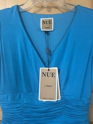 NUE by Shani Dress Womens Size 4 Peacock Blue V-Neck Ruched Empire Cap Sleeves - Thumbnail 2