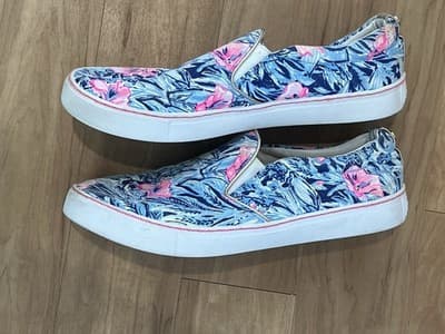 Lilly Pulitzer Womens 10 Floral Tropical Slip On Sneakers Blue Pink Gold 001293 - Thumbnail 4