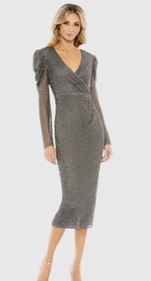 Mac Duggal Beaded Wrap Puff Sleeve Charcoal Gray Midi Size 10 NWT