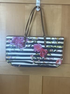Y2K Vtg. NINE WEST HANDBAG TOTE Coated Canvas Navy Stripe & Pink Roses STUNNING! - Thumbnail 2