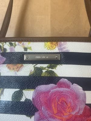Y2K Vtg. NINE WEST HANDBAG TOTE Coated Canvas Navy Stripe & Pink Roses STUNNING! - Thumbnail 3