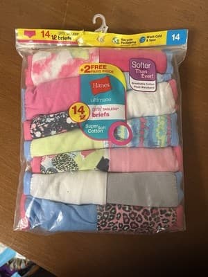 NWT Girls Sz 14 Hanes Briefs Underwear Value Pack Panties 14 Pairs Tagless
