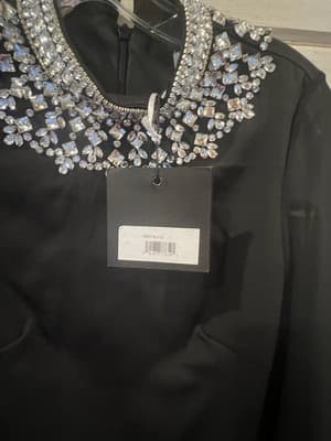 NWOT Mac Duggal Ieena Rhinestone Collar Black Cocktail Dress Sheer Sleeves XS - Thumbnail 5