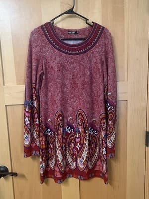 White Mark Knit Sweater Dress Medium Orange with Multi Design Embroidery Trim
