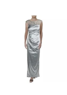 Adrianna Papell Womens Silver Gray Embellished Mesh Inset Evening Dress 6 NWT