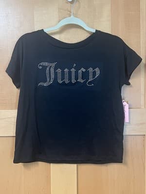 Juicy Couture Stretch Velour Crop Top Size S Black Big Rhinestone Logo Y2K Style