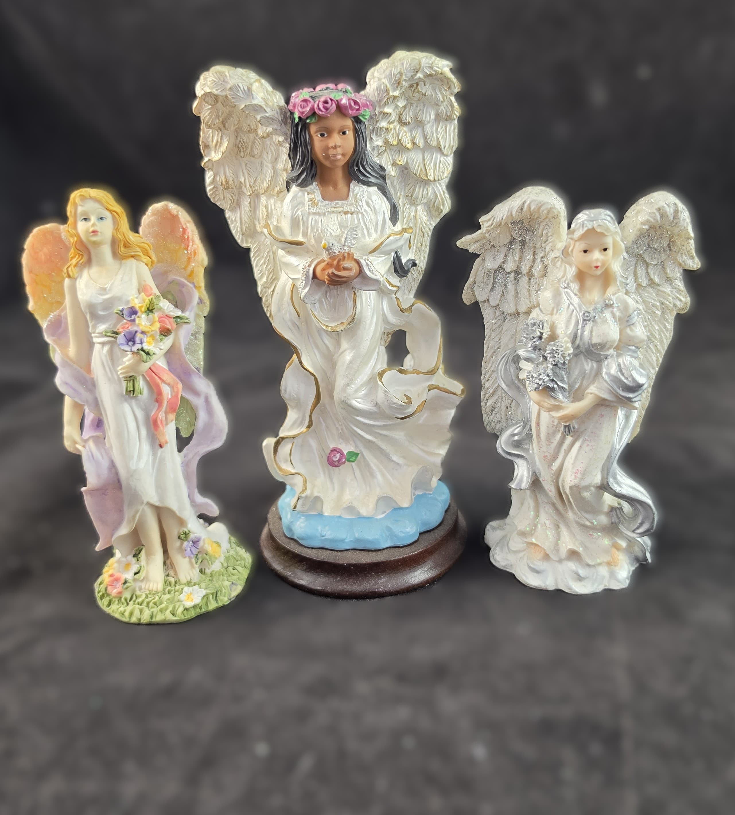Set of 3 Angel Figurines with Floral Accents