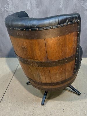 Rare Vintage Whiskey Barrel Swivel Chair Wood Metal Band Black Bar Lounge - Thumbnail 5