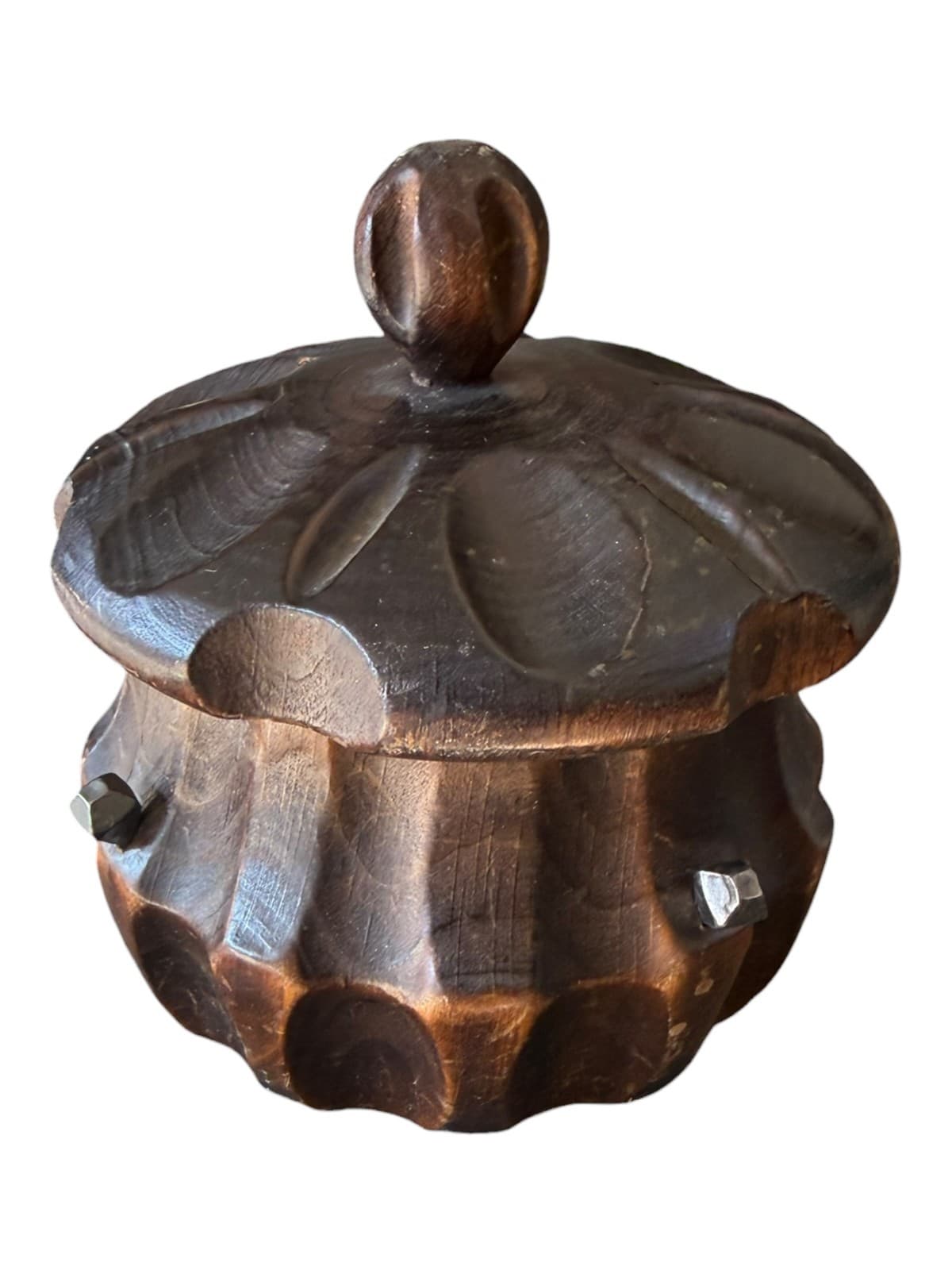 Vintage Hand Carved Wood Lidded Trinket Box Jar Acorn Finial Folk Art Decor - Thumbnail 3