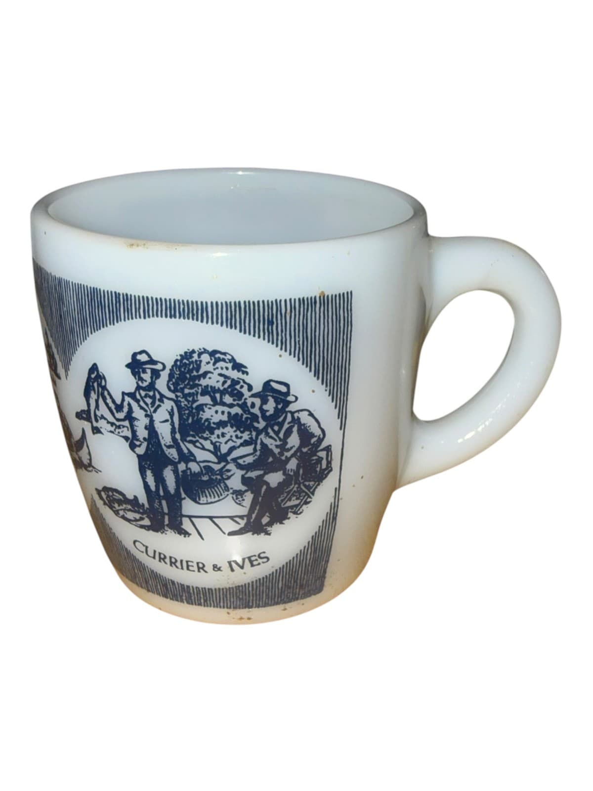 Vintage Currier & Ives Milk Glass Coffee Mug - A Good Day's Sport
