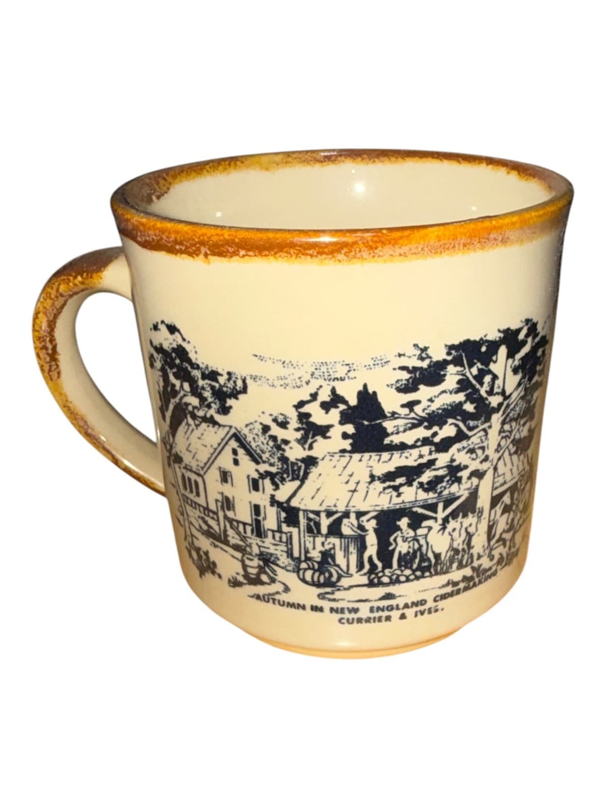 Currier & Ives Autumn Cider Making Coffee Mug Cup Beige Vintage