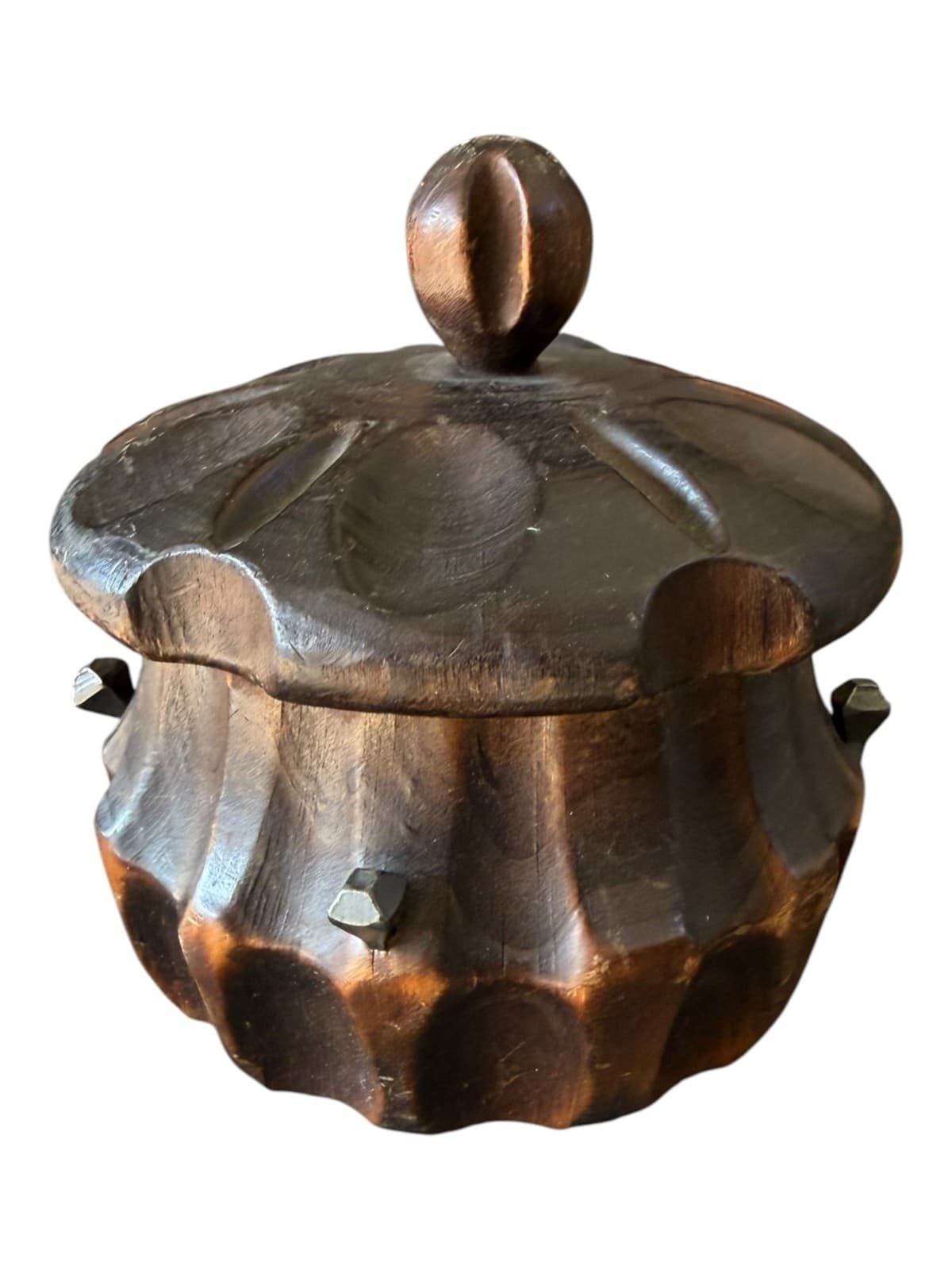 Vintage Hand Carved Wood Lidded Trinket Box Jar Acorn Finial Folk Art Decor - Thumbnail 2