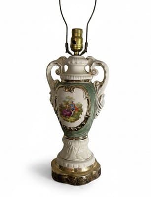 Vintage Ceramic Urn Table Lamp Courting Couple Green Gold Capodimonte Style