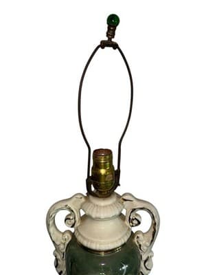 Vintage Ceramic Urn Table Lamp Courting Couple Green Gold Capodimonte Style - Thumbnail 9