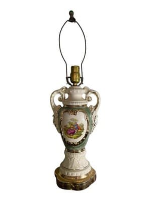 Vintage Ceramic Urn Table Lamp Courting Couple Green Gold Capodimonte Style - Thumbnail 4