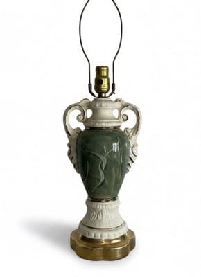 Vintage Ceramic Urn Table Lamp Courting Couple Green Gold Capodimonte Style - Thumbnail 2