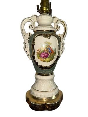 Vintage Ceramic Urn Table Lamp Courting Couple Green Gold Capodimonte Style - Thumbnail 6