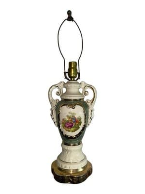 Vintage Ceramic Urn Table Lamp Courting Couple Green Gold Capodimonte Style - Thumbnail 5