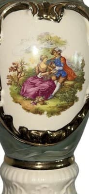 Vintage Ceramic Urn Table Lamp Courting Couple Green Gold Capodimonte Style - Thumbnail 3