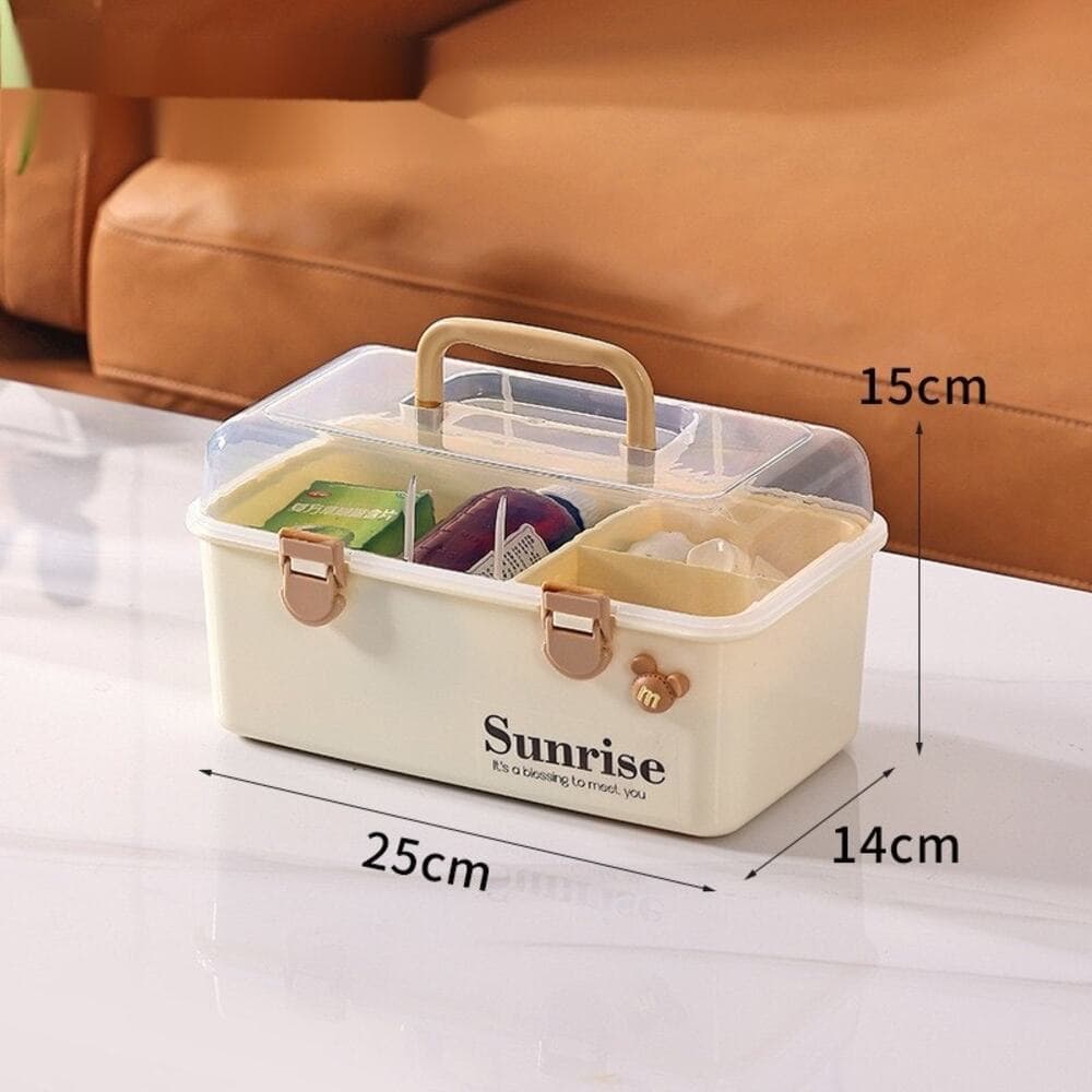 cream-colored plastic medicine storage box with a transparent lid