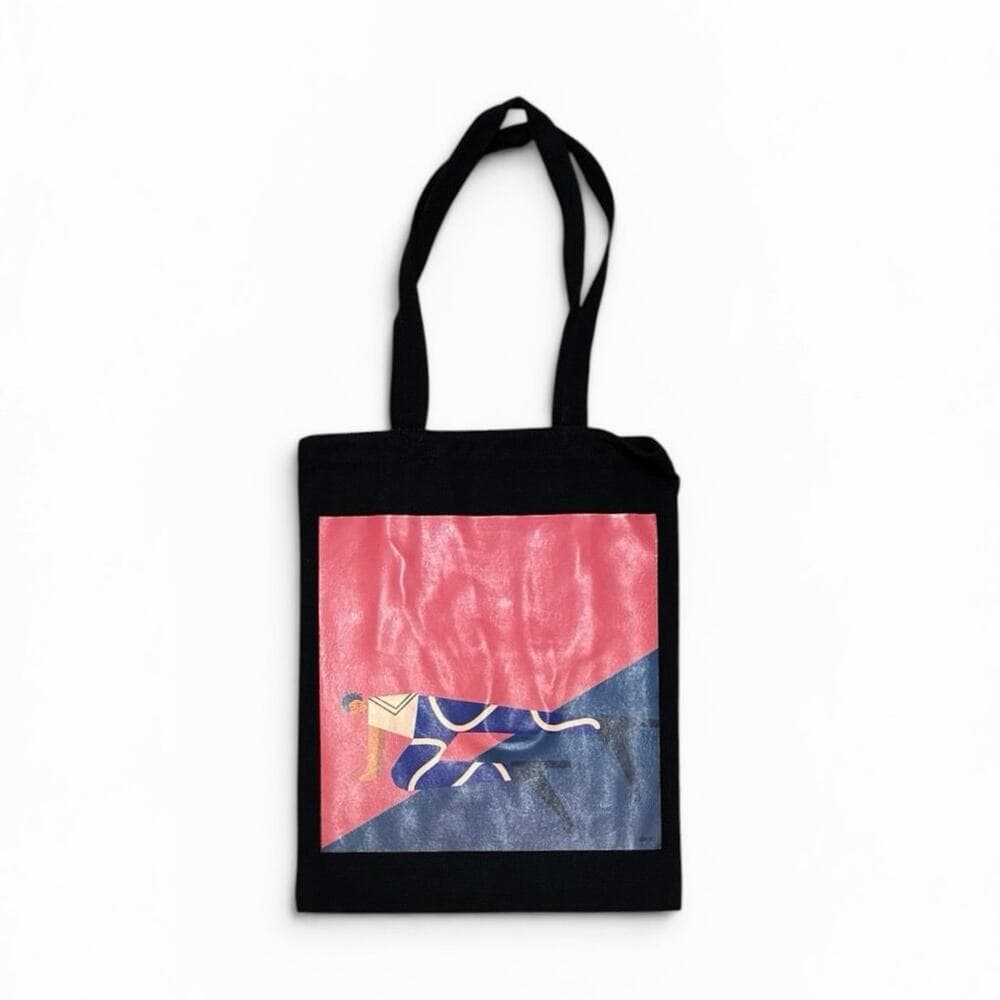 black tote bag featuring an artistic graphic print 13” W X 17” L - Thumbnail 5