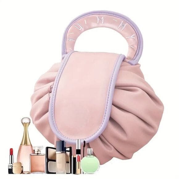 Large Pink Drawstring Makeup Bag - Cosmetic Organizer & Travel Toiletry Bag - Thumbnail 9